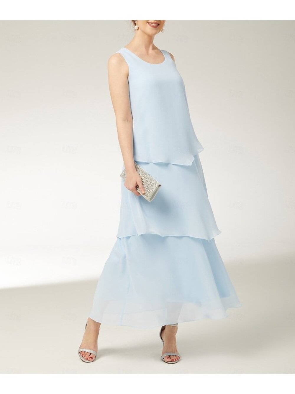 TS Couture Women's Lite Blue Chiffon Tiered Formal Side Zip Maxi Dress Size L